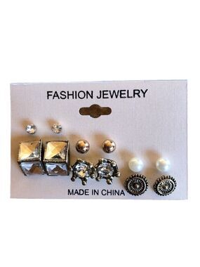 6 pair gold-tone mixed metals gemstone faux Pearl earring sets